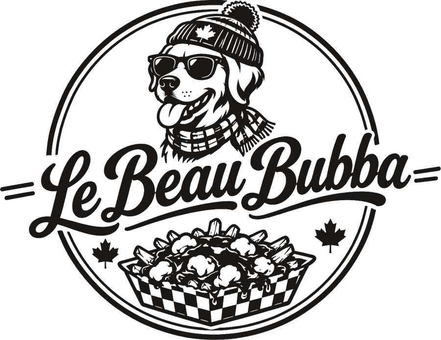 Le Beau Bubba: a golden retriever in sunglasses, a tuque and a scarf over a basket of poutine